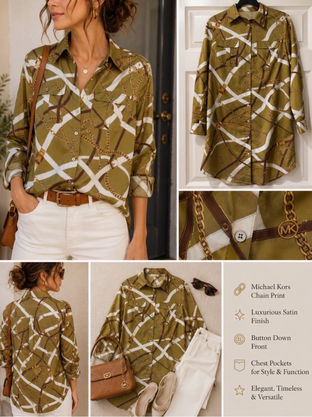 Michael Kors Chain Print Satin Button Down Blouse Equestrian